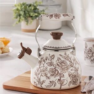 The Pioneer Woman Cream and Brown Floral Tea Kettle